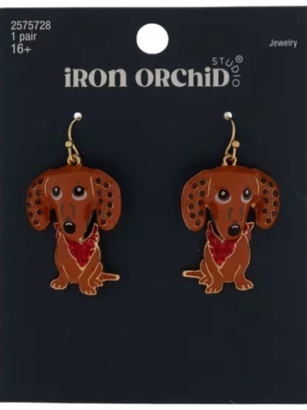 New Iron Orchid Dachshund Dog Drop Earrings - Brown with Red Accent